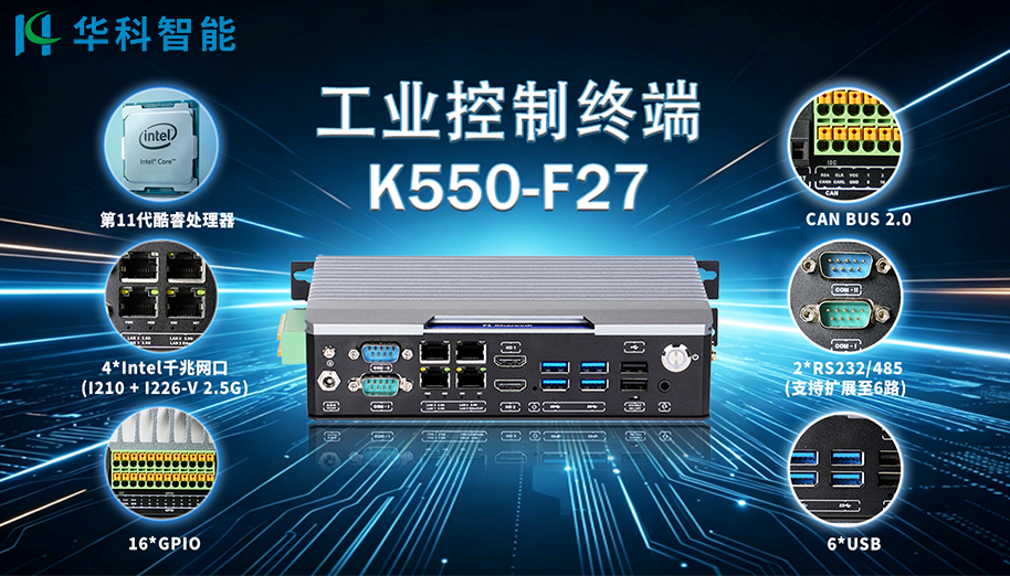 华科智能K550-F27工业控制终端，搭载第11代酷睿处理器，集成4路千兆网口、GPIO、CAN总线及多路串口